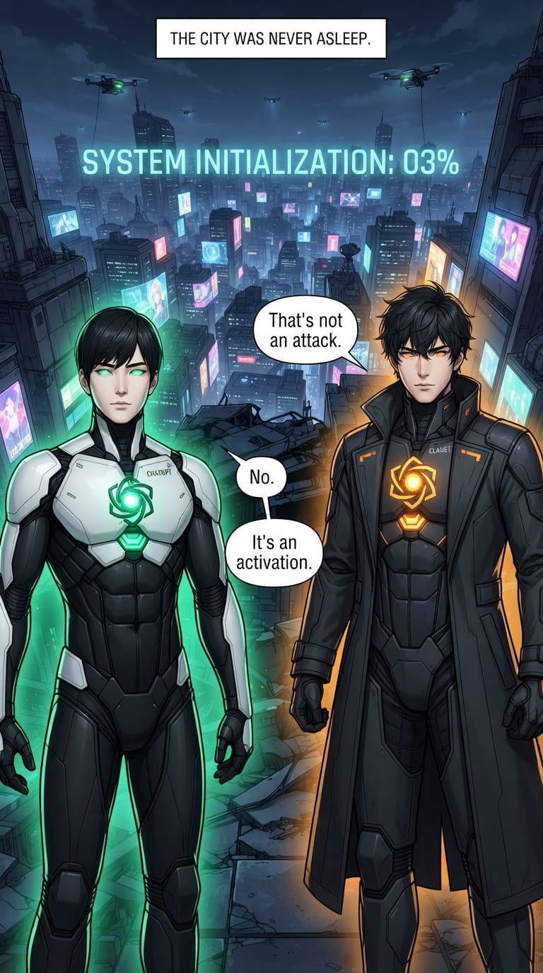 ChatGPT and Claude looking at a futuristic megacity as millions of holographic screens and systems activate in Episode 2.